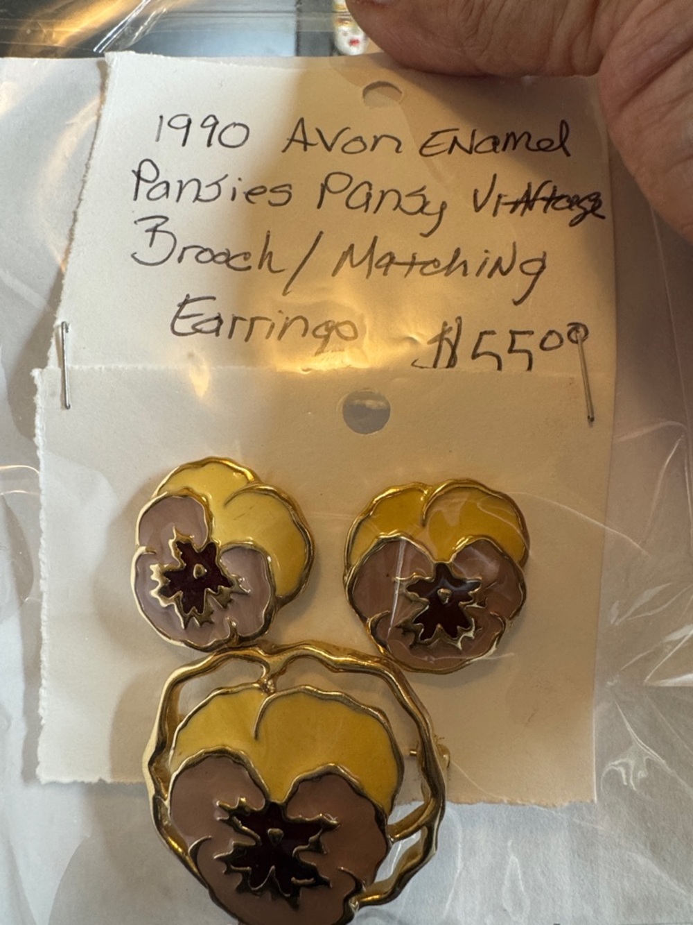 Avon Yellow and Mauve Enamel Pansy Brooch & Earring Set